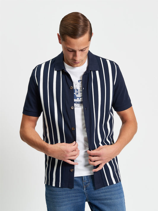 Ben Sherman Button Through Stripe Polo Dark Navy