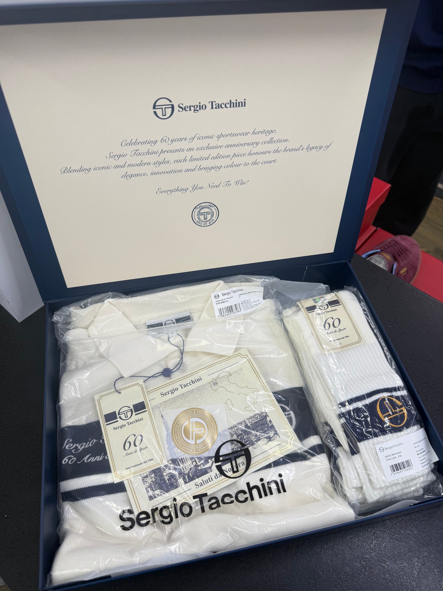 Sergio Tacchini 60th Anniversary Knitted Youngline Polo Shirt Gardenia/Maritime Blue