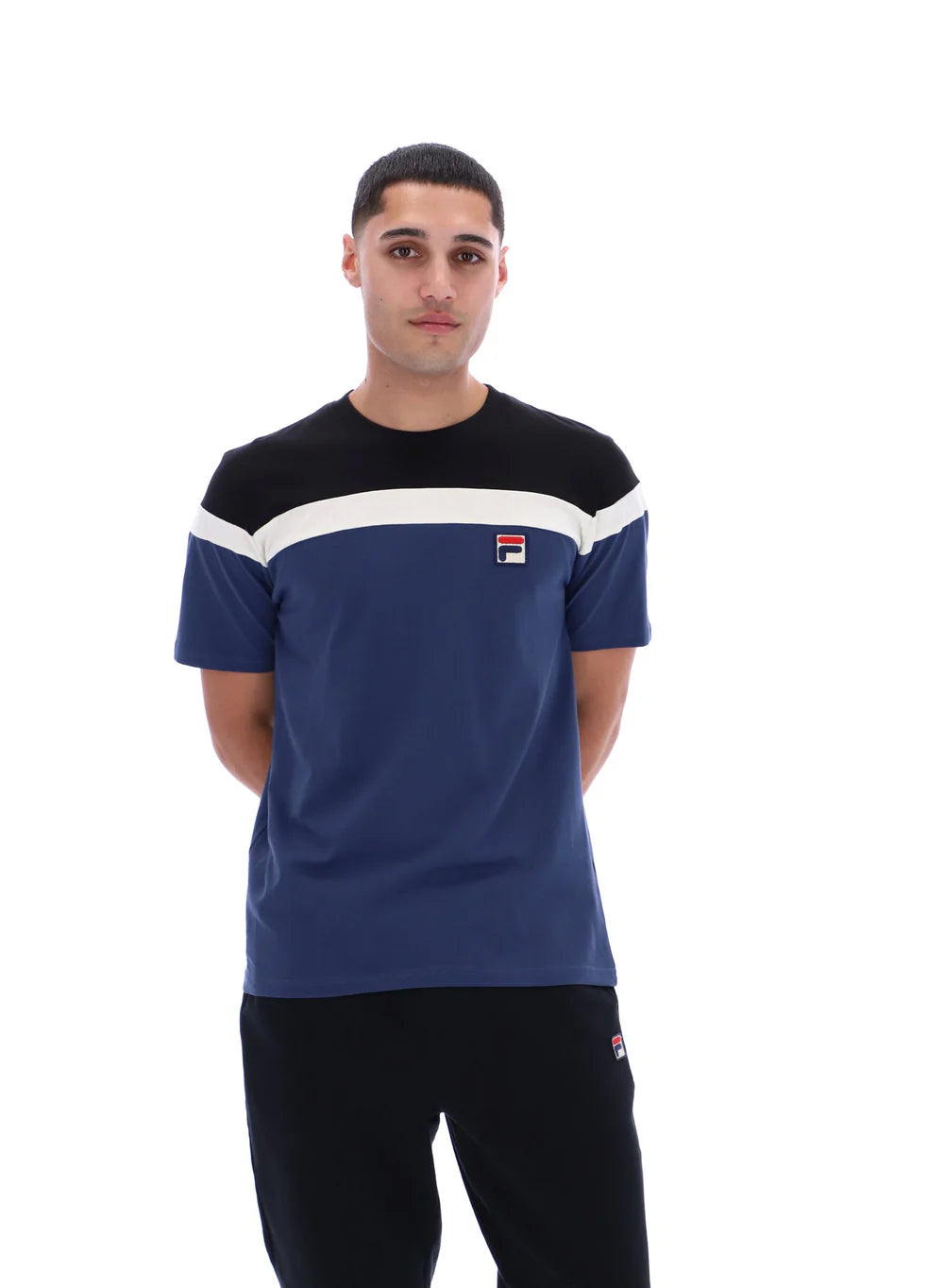 FILA Aiden Cut and Sew T-Shirt Navy/Black/Gardenia