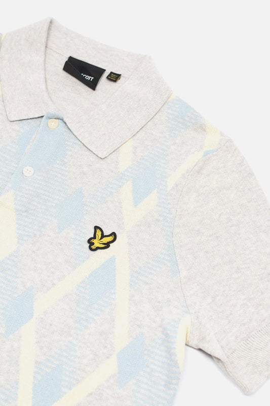 Lyle & Scott Cotton Argyle Knitted Polo Light Grey Marl/Opal Blue