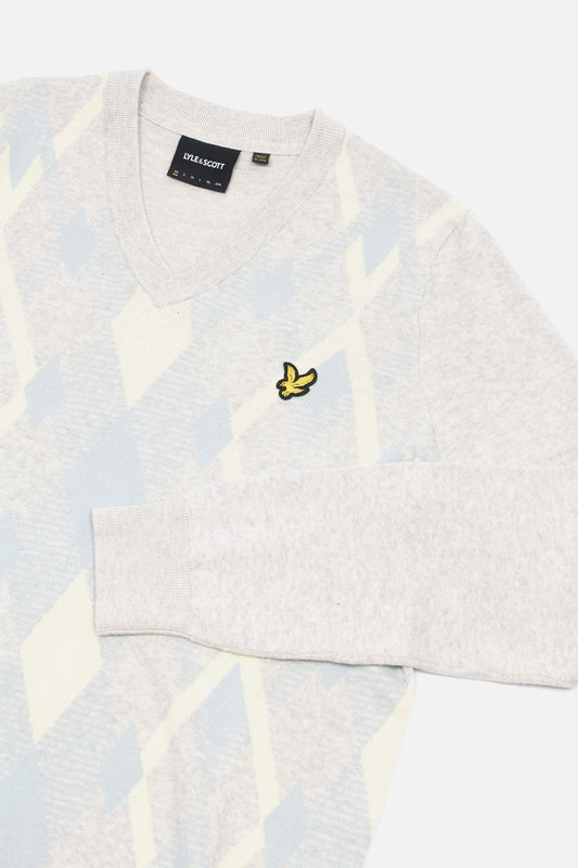 Lyle & Scott Cotton Argyle V Neck Jumper Light Grey Marl/Opal Blue