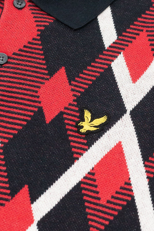 Lyle & Scott Cotton Argyle Knitted Polo Dark Navy/Cherry Red