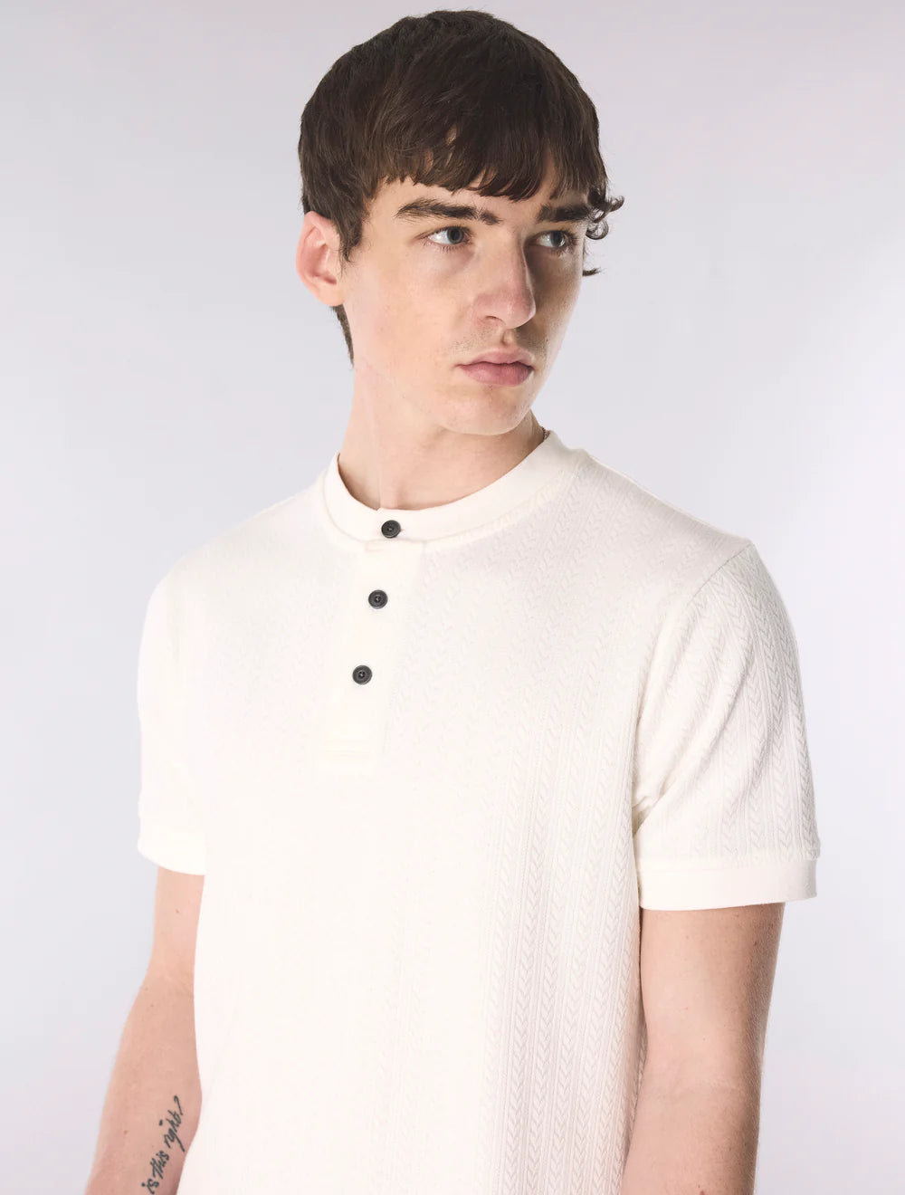 Pretty Green Zephlyn Texture Grandad Knit T-Shirt White