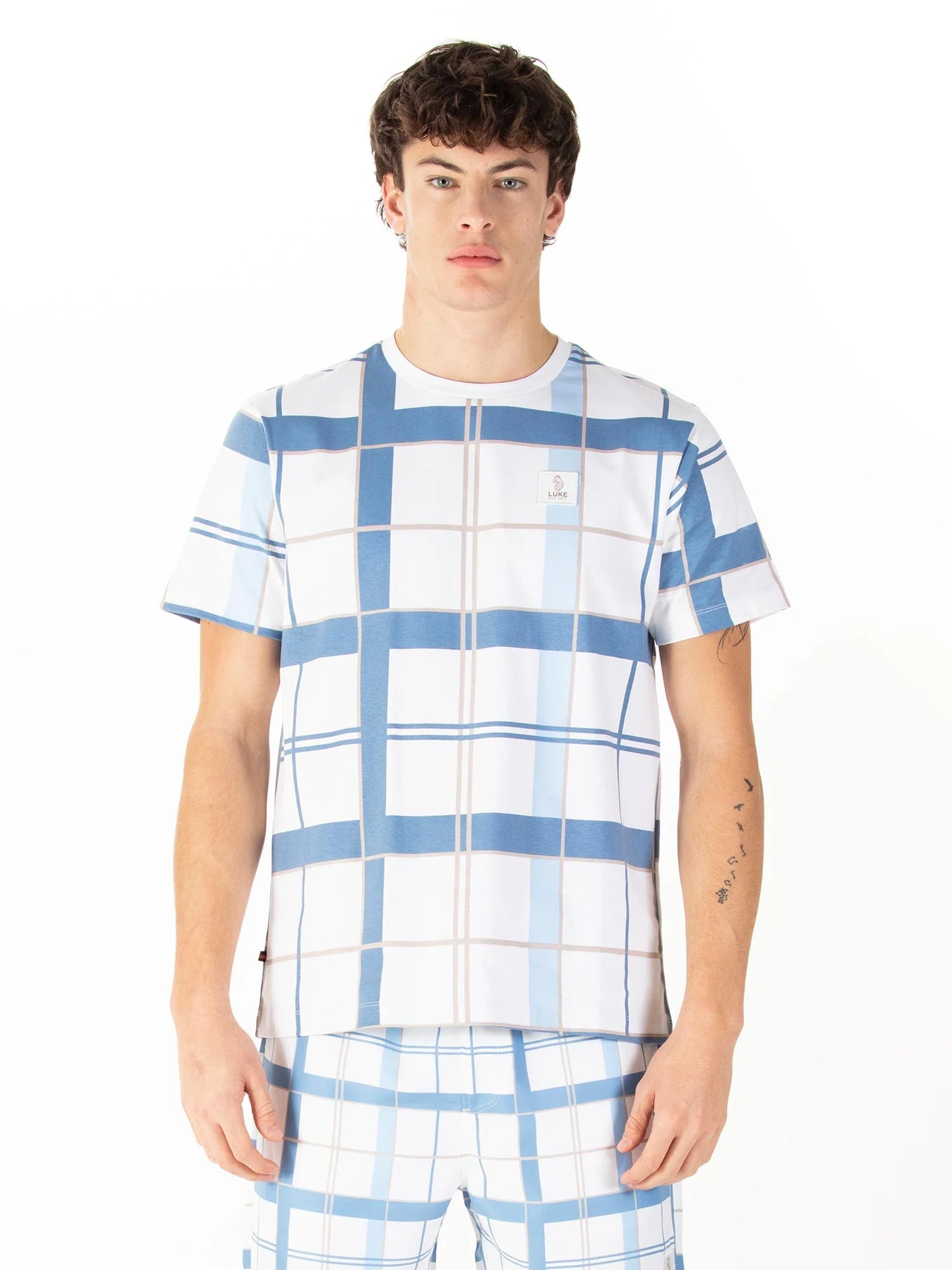 Luke 1977 Birdoswald Check T-Shirt White Denim Blue
