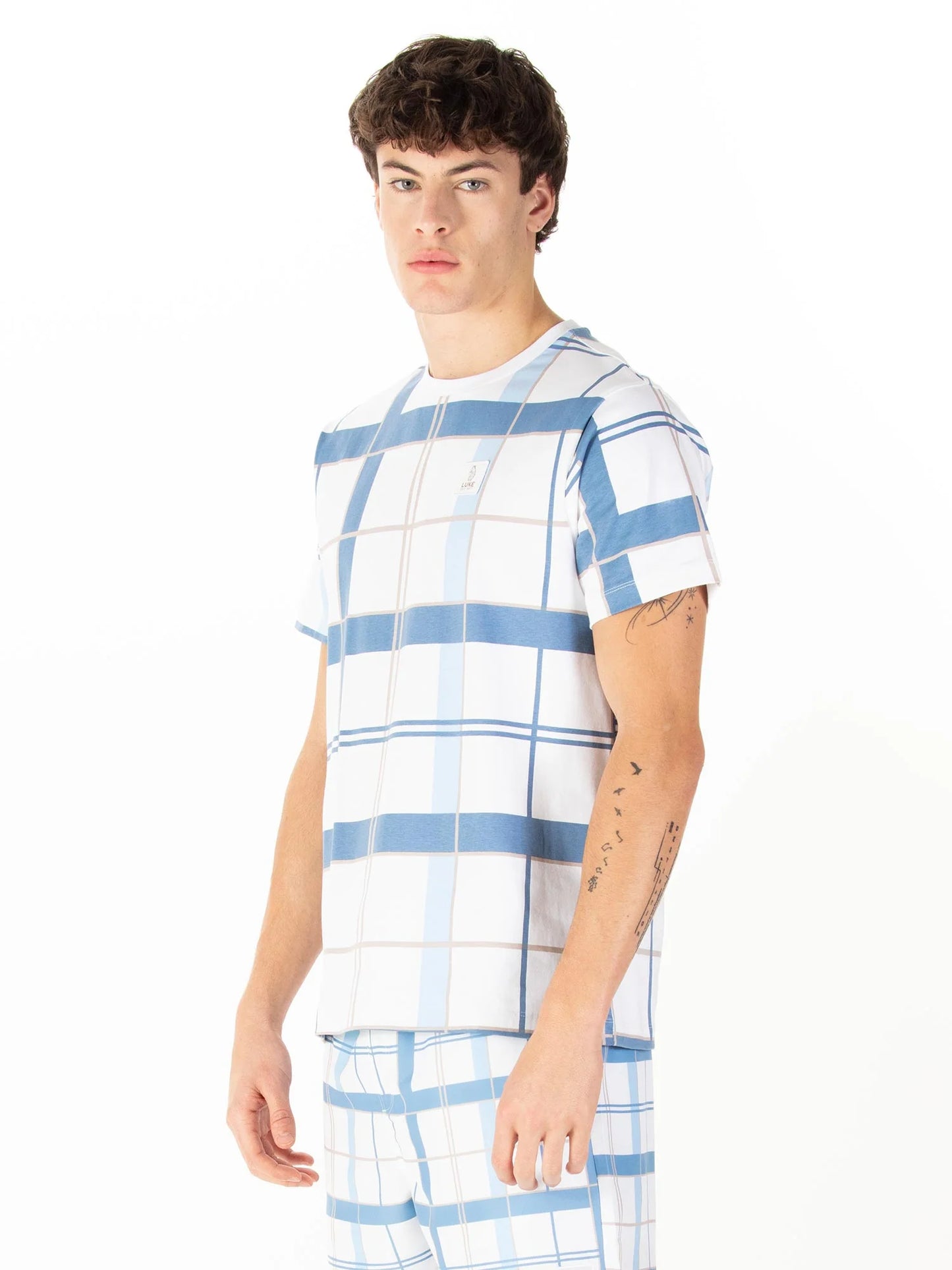 Luke 1977 Birdoswald Check T-Shirt White Denim Blue