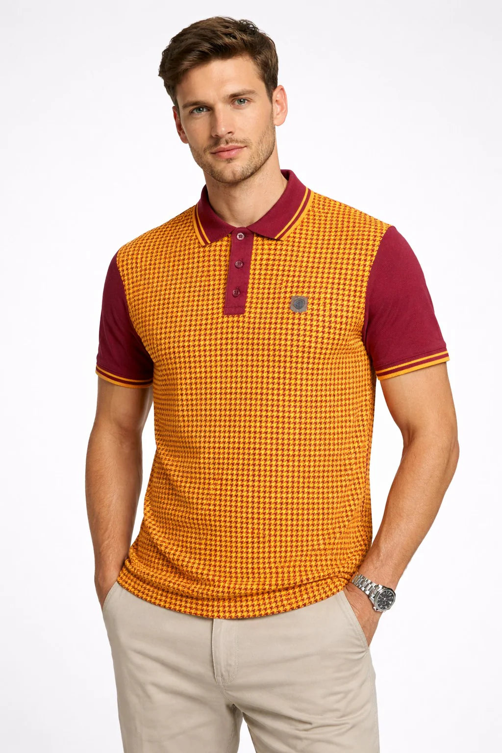 Lambretta Houndstooth Polo Shirt Burgundy/Gold