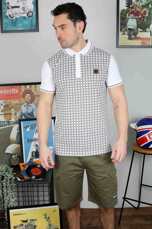 Lambretta Houndstooth Polo Shirt White/Iron/Silver