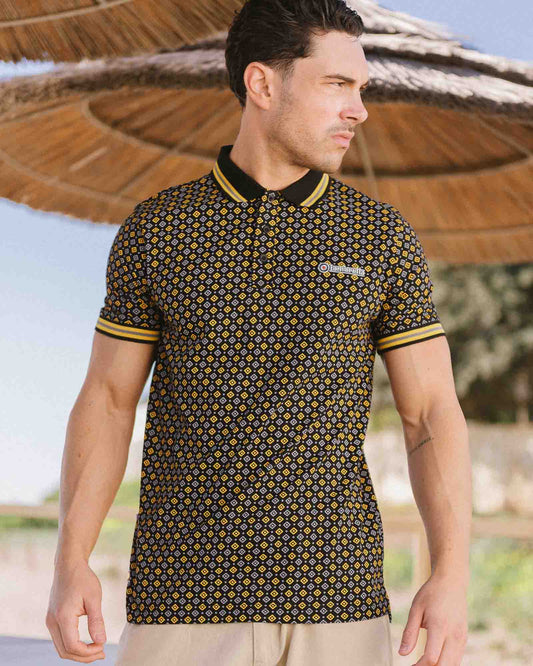 Lambretta GEO AOP Polo Shirt Black/Gold