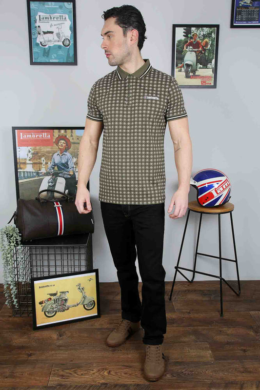 Lambretta GEO AOP Polo Shirt Khaki