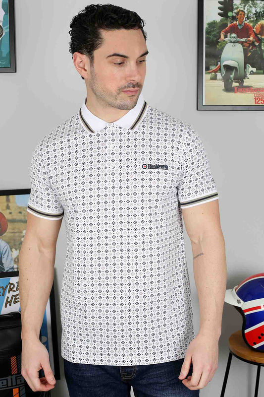 Lambretta GEO AOP Polo Shirt White/Navy/Cashew