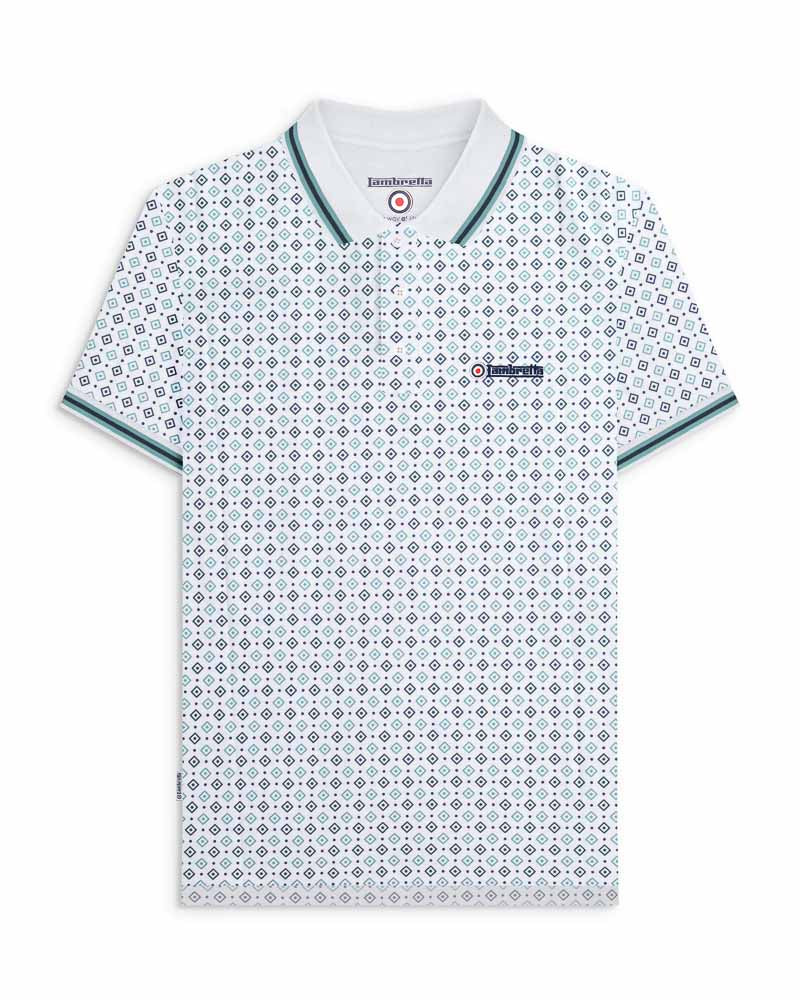 Lambretta GEO AOP Polo Shirt White/Navy/Smoke Blue
