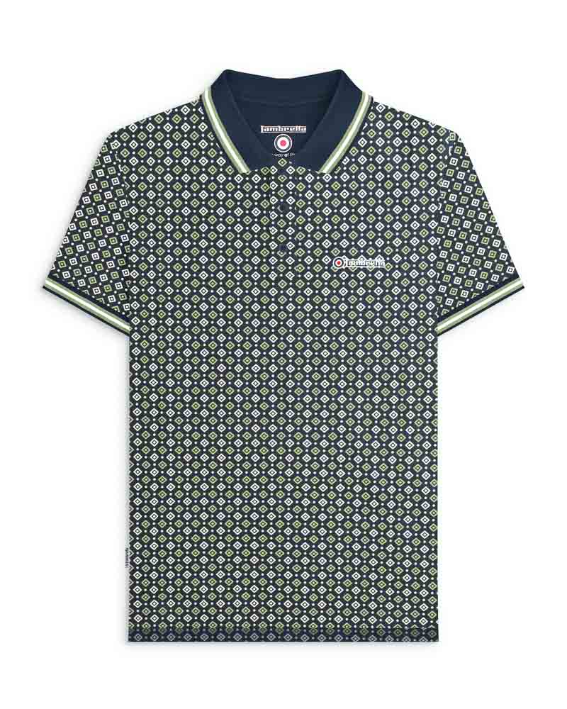 Lambretta GEO AOP Polo Shirt Navy/Basil