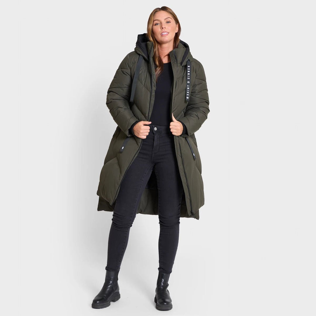 Saint & Sinner Longline Quilted Puffer Coat Khaki