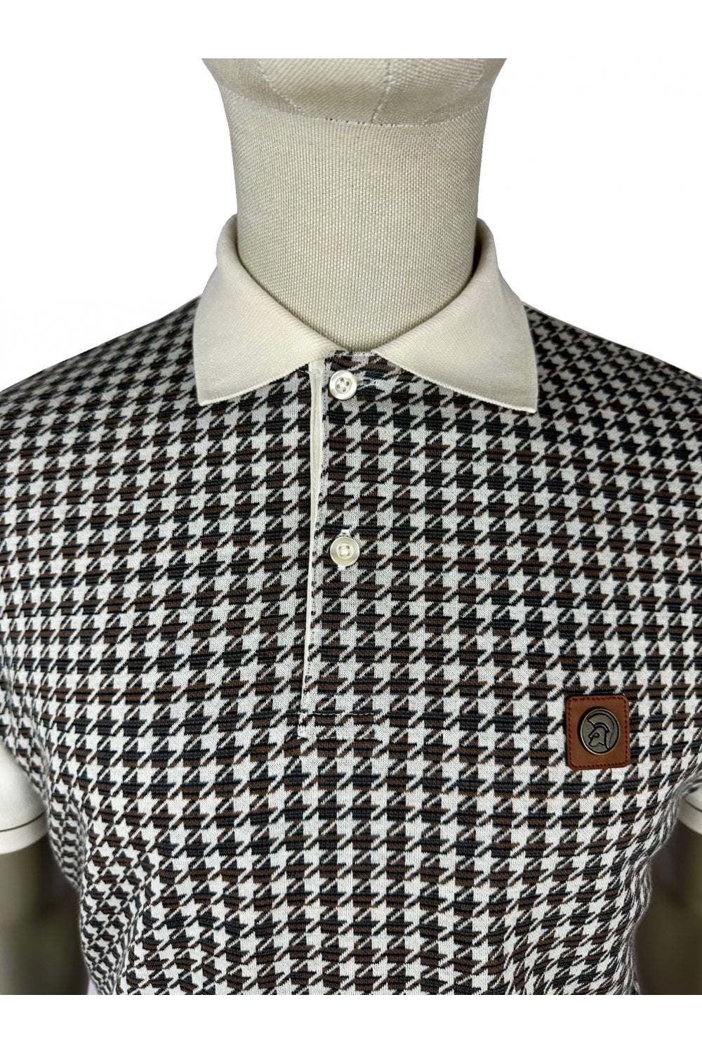 Trojan Houndstooth Panel Polo Shirt Ecru