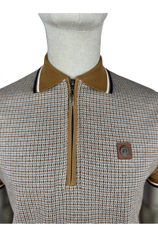 Trojan Mini Houndstooth Zip Panel Polo Shirt Tan