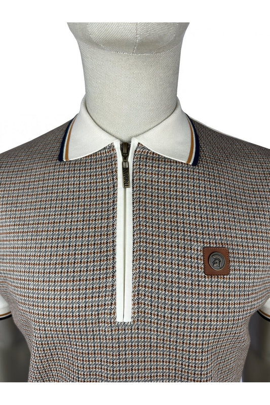 Trojan Mini Houndstooth Zip Panel Polo Shirt Ecru