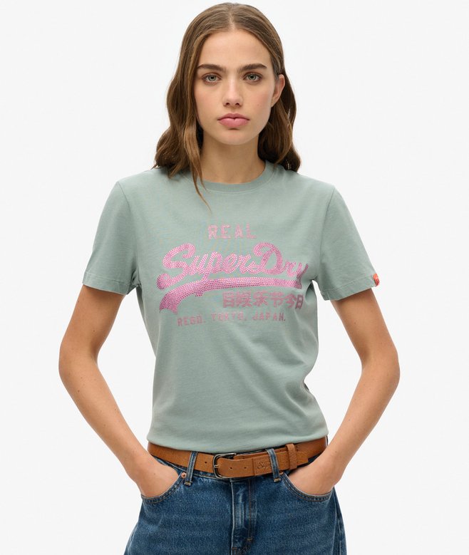 Superdry VL Rhinestone Slim T-Shirt Silver Blue