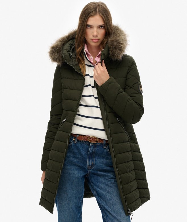 Superdry Ladies Fuji Faux Fur Hood Mid Length Olive Green