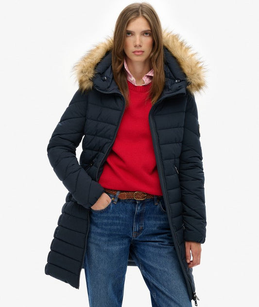 Superdry Ladies Fuji Faux Fur Hood Mid Length Eclipse Navy