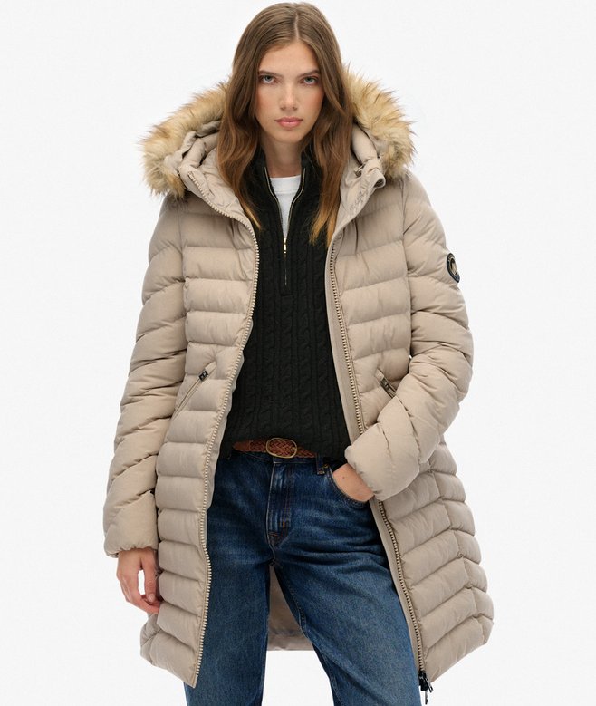 Superdry Ladies Fuji Faux Fur Hood Mid Length Chateau Grey