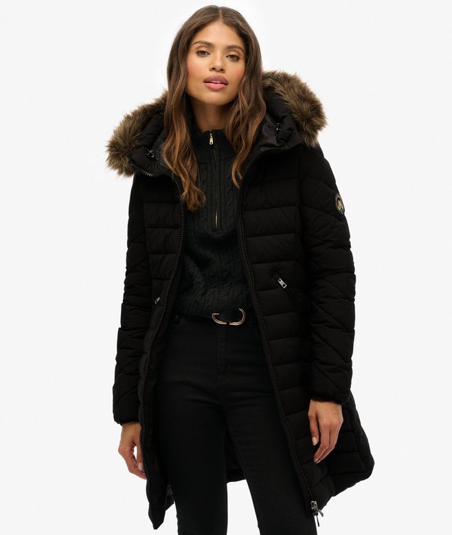 Superdry Ladies Fuji Faux Fur Hood Mid Length Black