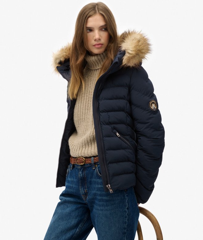 Superdry Ladies Fuji Faux Fur Hood Padded Jacket Eclipse Navy