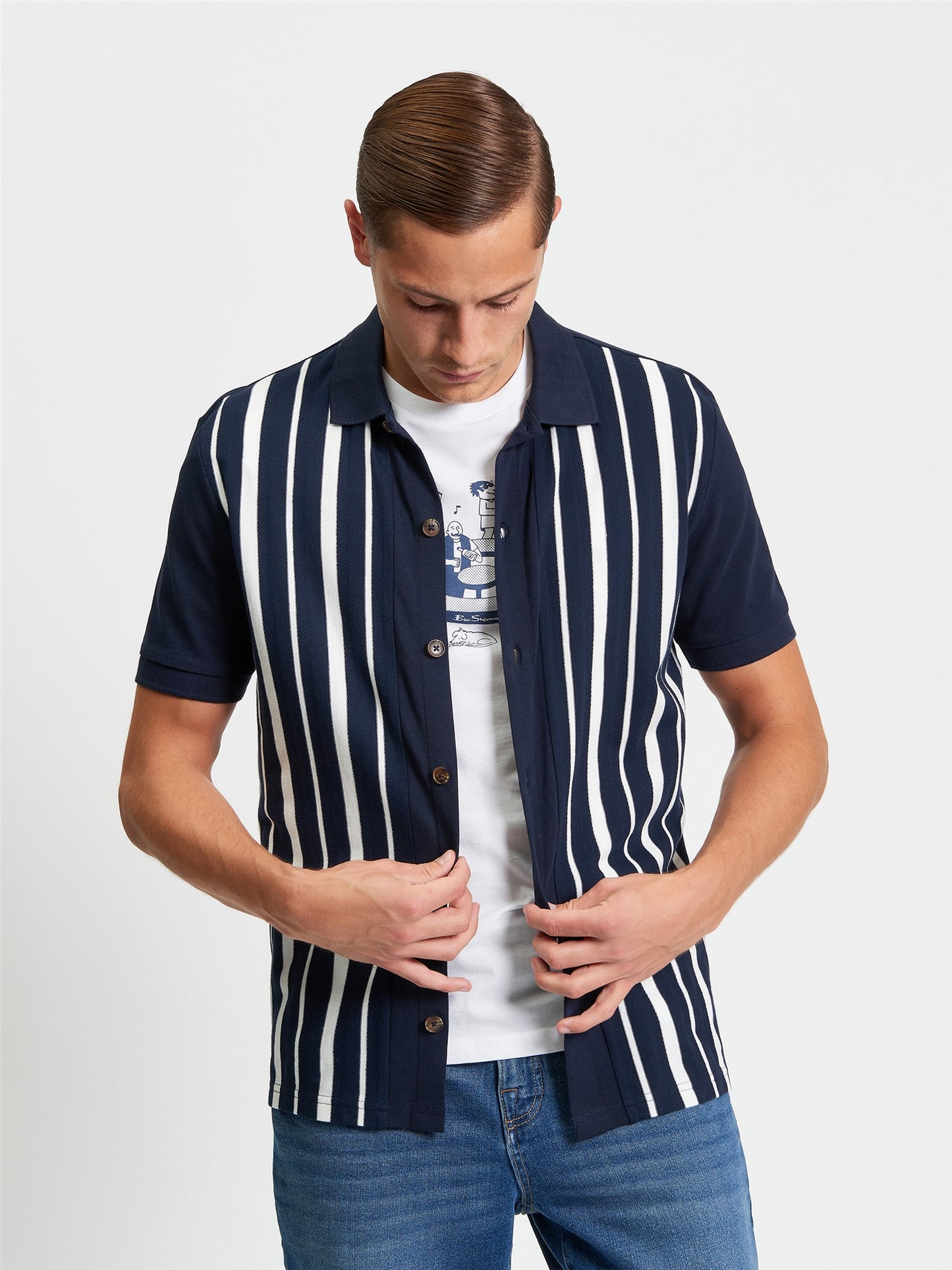 Ben Sherman Button Through Stripe Polo Dark Navy