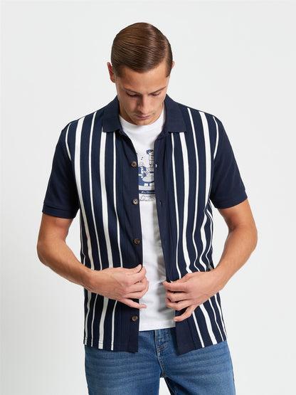 Ben Sherman Button Through Stripe Polo Dark Navy