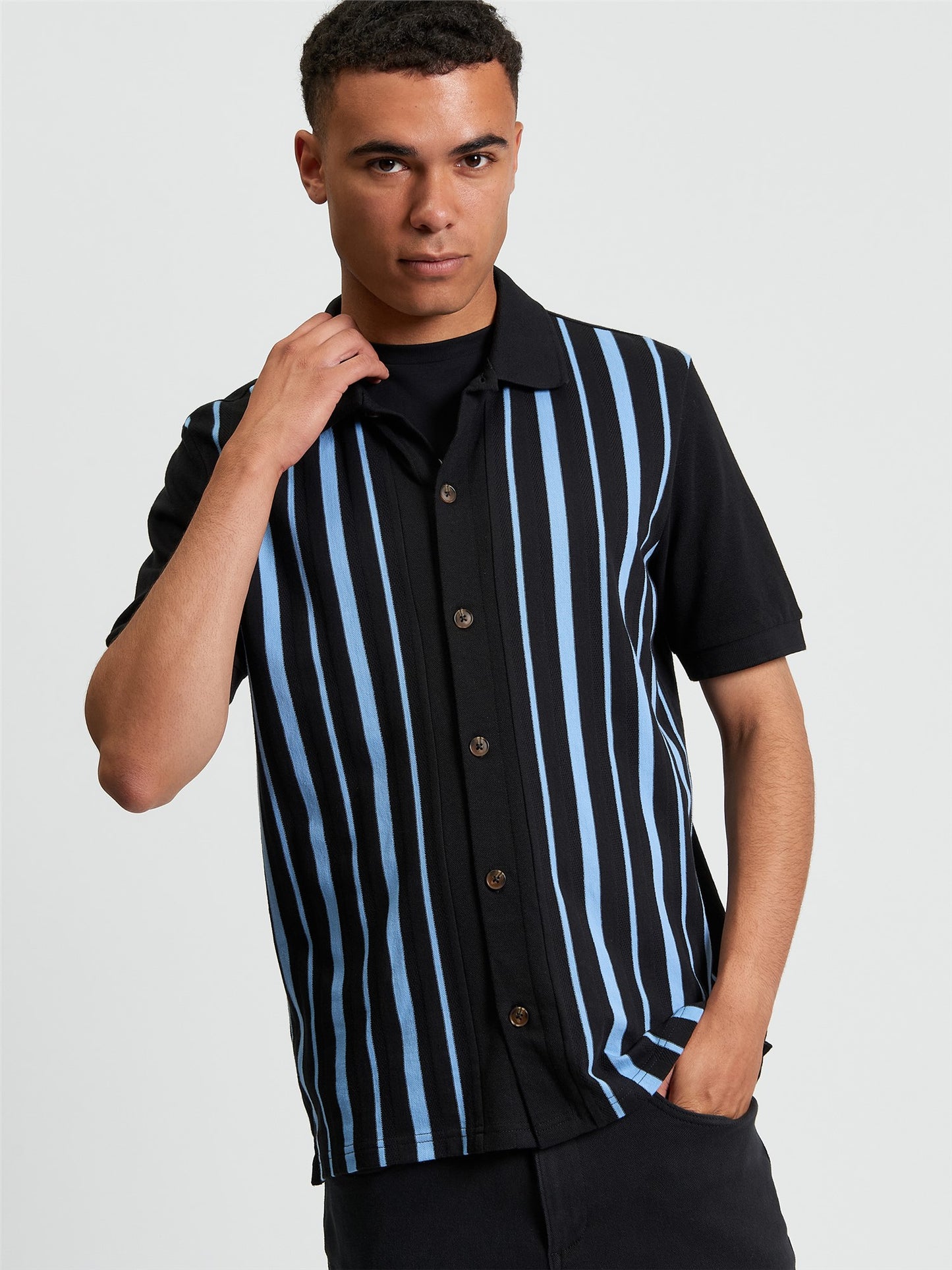 Ben Sherman Button Through Stripe Polo Black