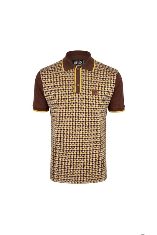 Trojan Houndstooth Panel Polo Shirt Chocolate