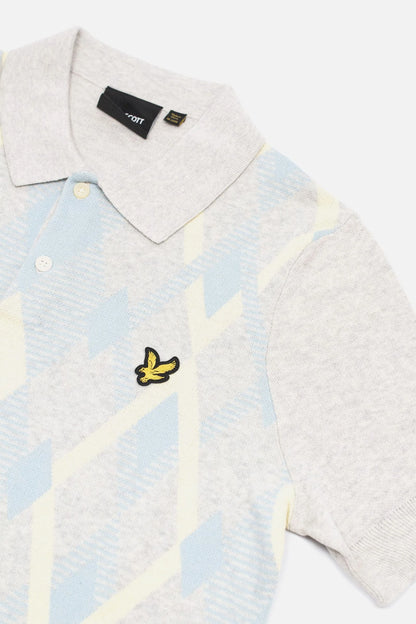Lyle & Scott Cotton Argyle Knitted Polo Light Grey Marl/Opal Blue