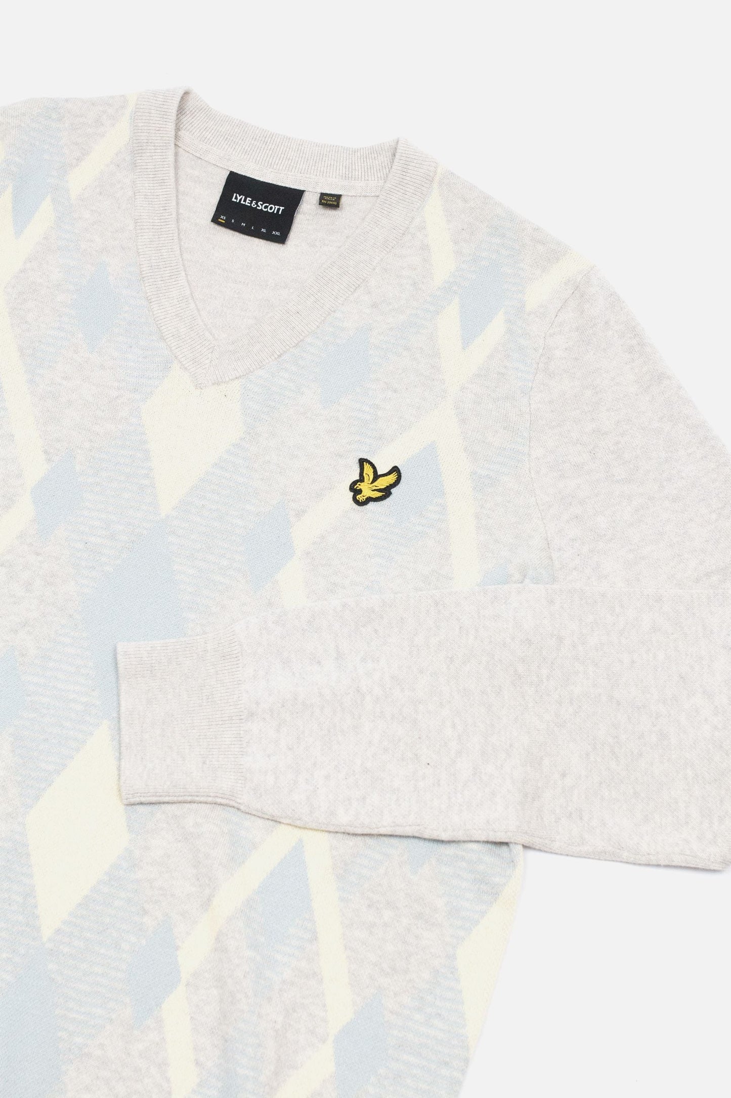 Lyle & Scott Cotton Argyle V Neck Jumper Light Grey Marl/Opal Blue