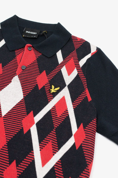 Lyle & Scott Cotton Argyle Knitted Polo Dark Navy/Cherry Red