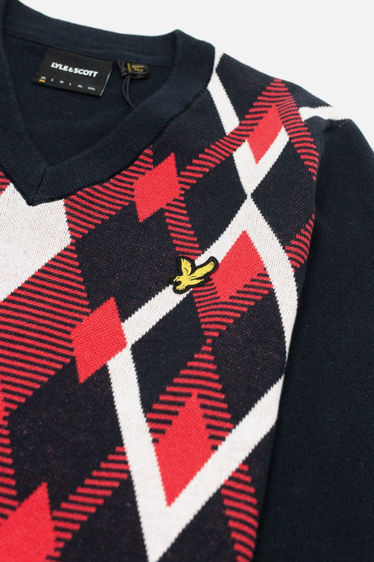 Lyle & Scott Cotton Argyle V Neck Jumper Dark Navy/Cherry Red