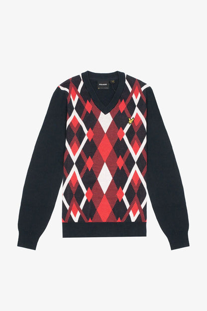 Lyle & Scott Cotton Argyle V Neck Jumper Dark Navy/Cherry Red