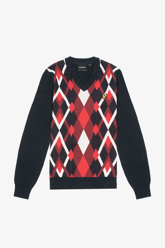 Lyle & Scott Cotton Argyle V Neck Jumper Dark Navy/Cherry Red