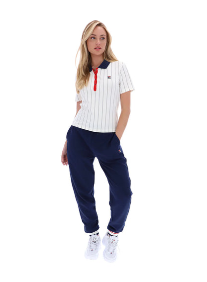 Fila Vintage Ladies Bai Fitted BB1 Pinstripe Polo Shirt Gardenia/Navy/Red
