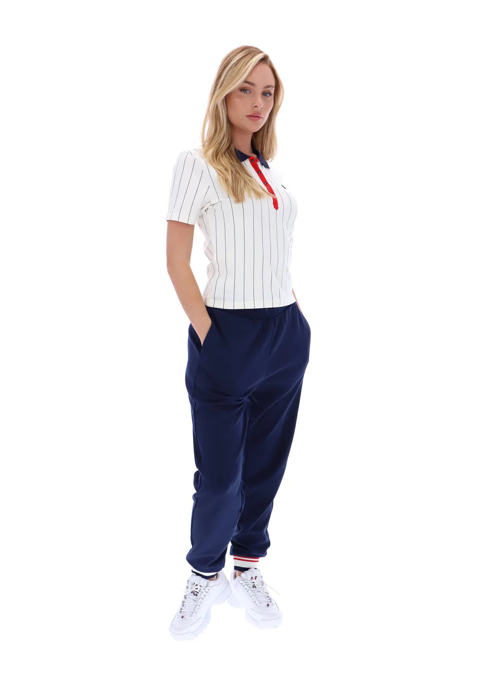 Fila Vintage Ladies Bai Fitted BB1 Pinstripe Polo Shirt Gardenia/Navy/Red