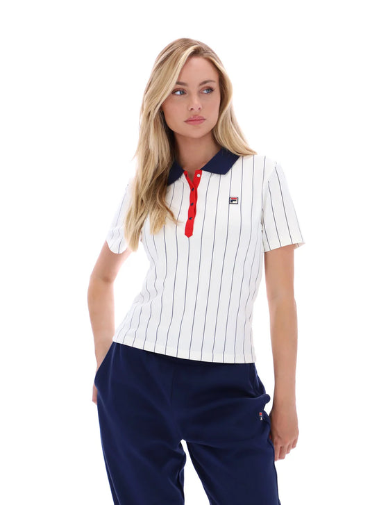 Fila Vintage Ladies Bai Fitted BB1 Pinstripe Polo Shirt Gardenia/Navy/Red