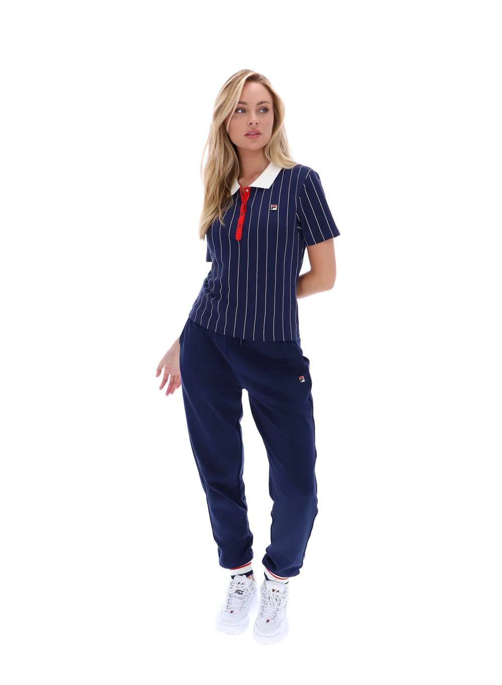 Fila Vintage Ladies Bai Fitted BB1 Pinstripe Polo Shirt Navy/Gardenia/Red