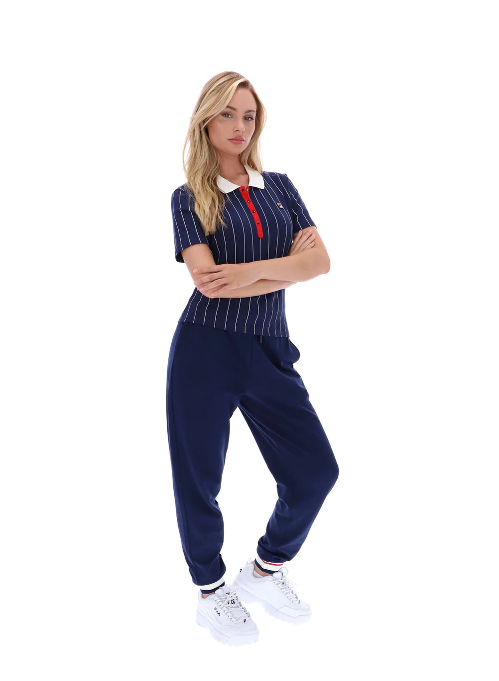 Fila Vintage Ladies Bai Fitted BB1 Pinstripe Polo Shirt Navy/Gardenia/Red