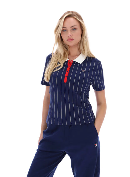 Fila Vintage Ladies Bai Fitted BB1 Pinstripe Polo Shirt Navy/Gardenia/Red
