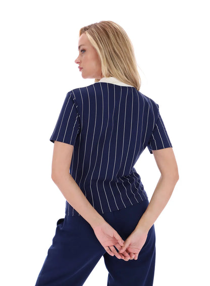 Fila Vintage Ladies Bai Fitted BB1 Pinstripe Polo Shirt Navy/Gardenia/Red