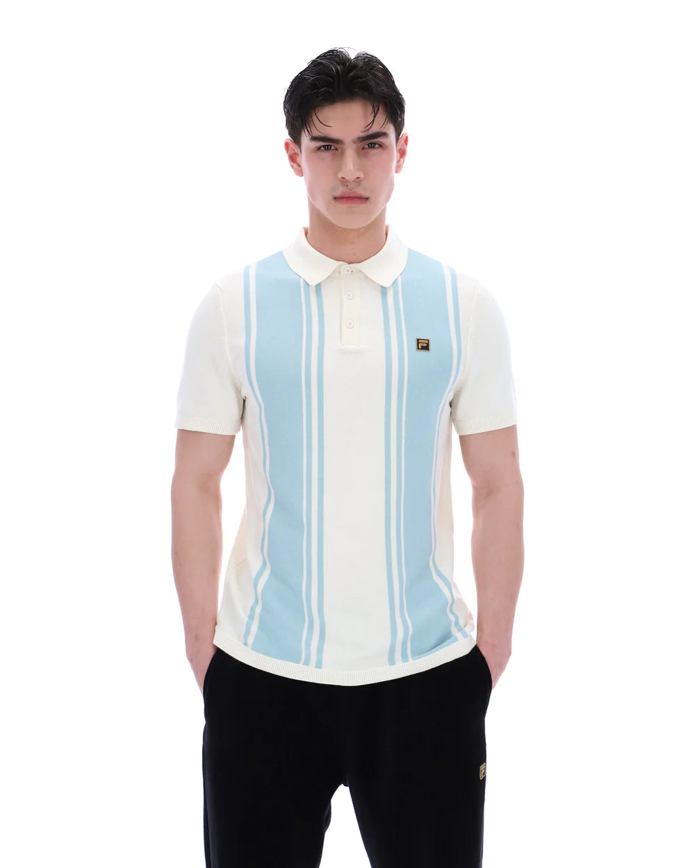 FILA Gold Buddy Bowling Style Knitted Polo Shirt Coconut Milk/Sterling Blue
