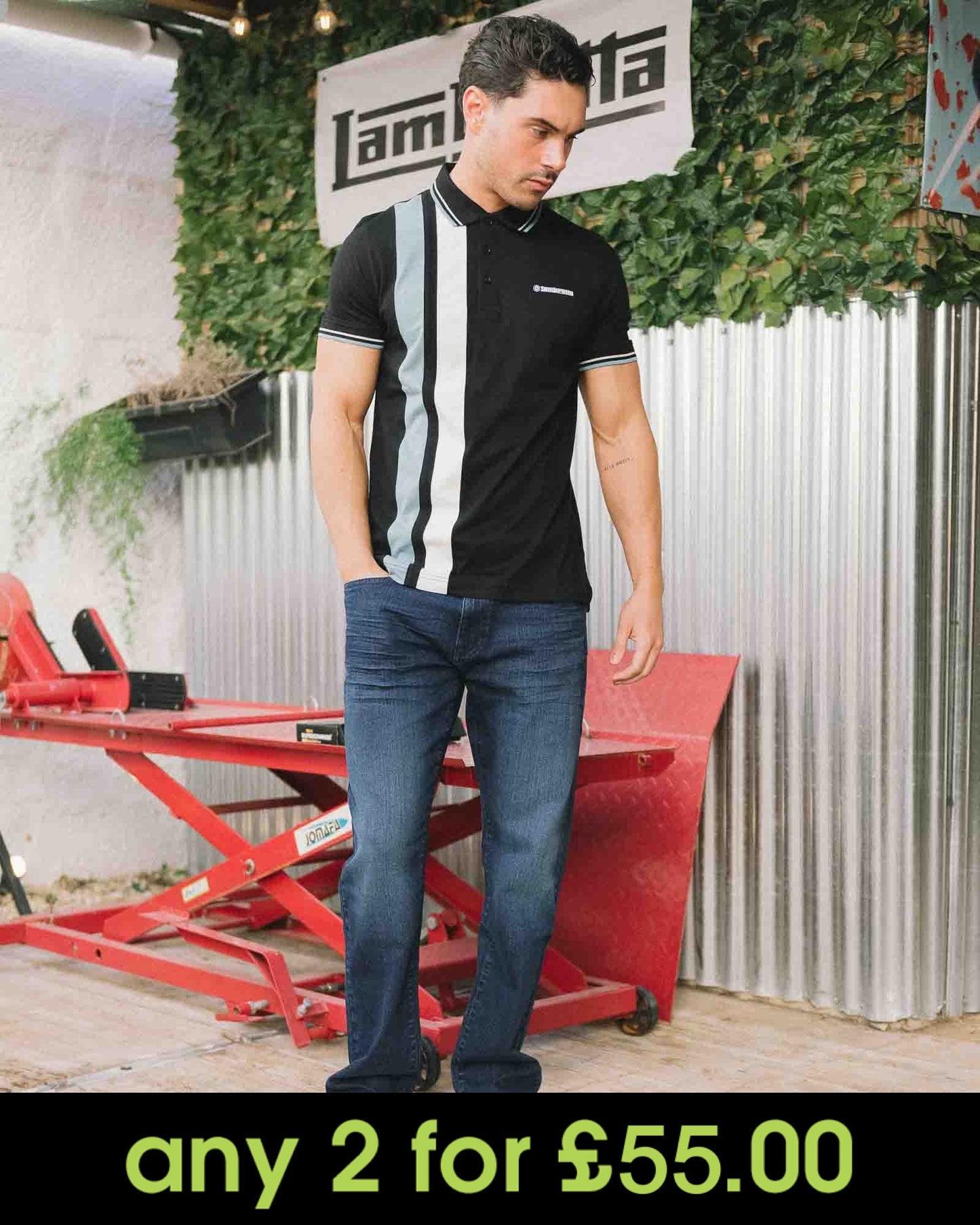 Lambretta Vertical Stripe Polo Shirt Black