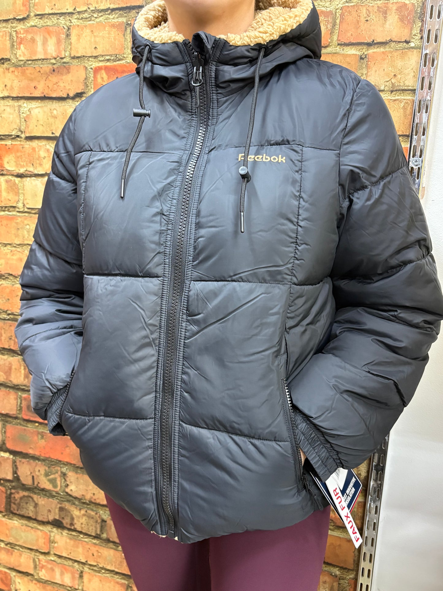 Reebok Ladies Reversible Puffer Sherpa Jacket Black