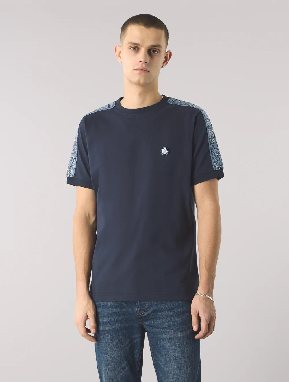 Pretty Green Eclipse Paisley Tape T-Shirt Navy