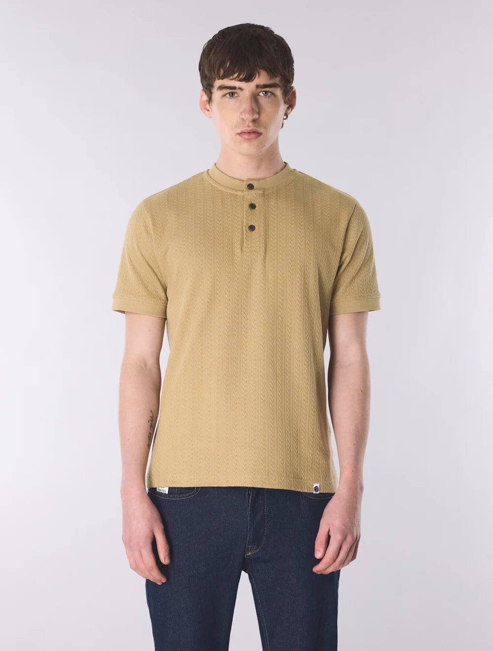 Pretty Green Zephlyn Texture Grandad Knit T-Shirt Taupe