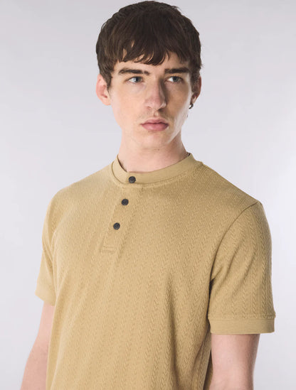 Pretty Green Zephlyn Texture Grandad Knit T-Shirt Taupe