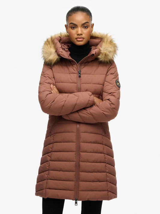 Superdry Ladies Fuji Faux Fur Hood Mid Length Nutmeg Spice Brown